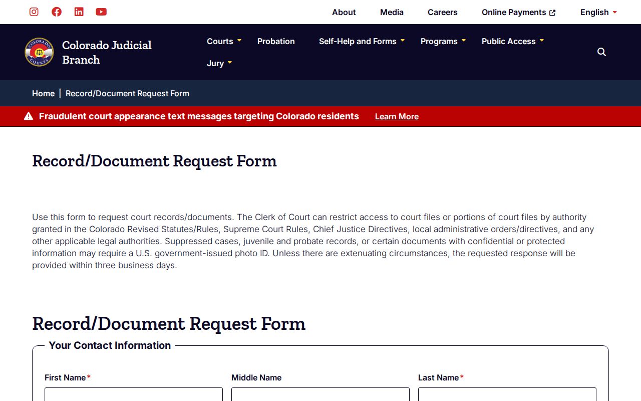 Blank Colorado court record request form