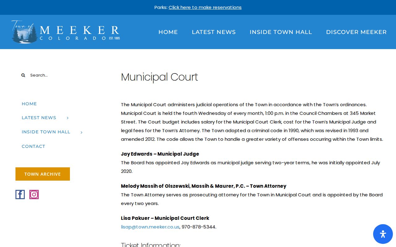 Rio Blanco County bench warrant information on the Meeker Municipal Court page